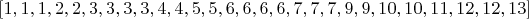 $[ 1,1,1,2,2,3,3,3,3,4,4,5,5,6,6,6,6,7,7,7,9,9,10,10,11,12,12,13]$