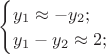 $
\begin{cases}
y_1 \approx -y_2;\\
y_1-y_2 \approx 2;\\
\end{cases}
$