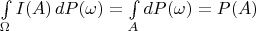 $\int\limits_\Omega I(A)\, dP(\omega)=\int\limits_A dP(\omega)=P(A)$