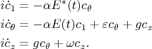 $$\begin{align}
	i\dot c_1&=-\alpha E^*(t)c_\theta\\
	i\dot c_\theta&= -\alpha E(t)c_1+\varepsilon c_\theta +g c_z\\
	i\dot c_z&=g c_\theta + \omega c_z.
\end{align}$$