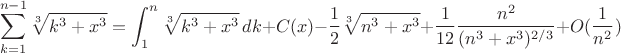 $$\sum_{k=1}^{n-1}\sqrt[3]{k^3+x^3}=\int_1^n\sqrt[3]{k^3+x^3}\,dk+C(x)-\frac 12 \sqrt[3]{n^3+x^3}+\frac{1}{12}\frac{n^2}{(n^3+x^3)^{2/3}}+O(\frac{1}{n^2})$$