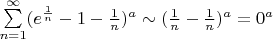 $\sum\limits_{n=1}^{\infty}(e^{\frac{1}{n}}-1-\frac{1}{n})^a \sim (\frac{1}{n}-\frac{1}{n})^a=0^a$