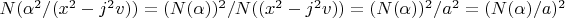 $N(\alpha^2/(x^2-j^2 v))=(N(\alpha))^2/N((x^2-j^2 v))=(N(\alpha))^2/a^2=(N(\alpha)/a)^2$
