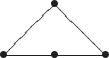 \begin{xy}
(0,0)*{\bullet};(10,0)*{\bullet};(0,10)*{\bullet};(-10,0)*{\bullet};
(-10,0)\PATH~={**\dir{-}}'(10,0)'(0,10)(-10,0);
\end{xy}