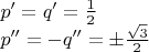 $\begin{array}{l}p'=q'=\frac 1 2\\p''=-q''=\pm\frac{\sqrt 3}{2}\end{array}$