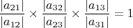 $$\frac{|a_{21}|}{|a_{12}|}\times\frac{|a_{32}|}{|a_{23}|}\times\frac{|a_{13}|}{|a_{31}|}=1$$
