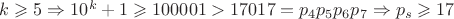 $k\geqslant 5\Rightarrow 10^k+1\geqslant 100001> 17017=p_4p_5p_6p_7\Rightarrow p_s\geqslant 17$