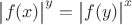 $\bigl|f(x)\bigr|^y=\bigl|f(y)\bigr|^x$ $\bigl|f(x)\bigr|^y=\bigl|f(y)\bigr|^x$