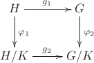 $$\xymatrix{H\ar[r]^{g_1}\ar[d]^{\varphi_1}&G\ar[d]^{\varphi_2}\\H/K\ar[r]^{g_2}&G/K}$$