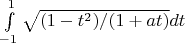 $\int\limits_{-1}^{1} \sqrt{(1-t^2)/(1+at)}dt$