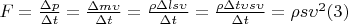 $F = \frac{\Delta p}{\Delta t} = \frac{\Delta m \upsilon}{\Delta t} = \frac{\rho \Delta l s \upsilon}{\Delta t} = \frac{\rho\Delta t \upsilon s \upsilon}{\Delta t} = \rho s \upsilon^2      (3)$