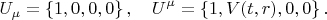 $$
U_{\mu} = \left\{ 1, 0, 0, 0 \right\}, \quad U^{\mu} = \left\{ 1, V(t, r), 0, 0 \right\}.
$$