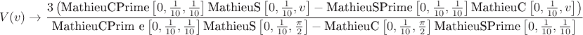 $$
V(v)\to \frac{3
   \left(\text{MathieuCPrime}\left[0,\frac{1}{10},\frac{1}{10}\right]
   \text{MathieuS}\left[0,\frac{1}{10},v\right]-\text{MathieuSPrime}\left[
   0,\frac{1}{10},\frac{1}{10}\right]
   \text{MathieuC}\left[0,\frac{1}{10},v\right]\right)}{\text{MathieuCPrim
   e}\left[0,\frac{1}{10},\frac{1}{10}\right]
   \text{MathieuS}\left[0,\frac{1}{10},\frac{\pi
   }{2}\right]-\text{MathieuC}\left[0,\frac{1}{10},\frac{\pi }{2}\right]
   \text{MathieuSPrime}\left[0,\frac{1}{10},\frac{1}{10}\right]}
$$