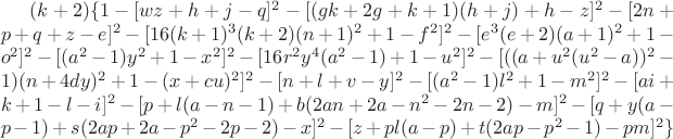 $(k+2)\{1-[wz+h+j-q]^2-[(gk+2g+k+1)(h+j)+h-z]^2-[2n+p+q+z-e]^2-[16(k+1)^3(k+2)(n+1)^2+1-f^2]^2-[e^3(e+2)(a+1)^2+1-o^2]^2-[(a^2-1)y^2+1-x^2]^2-[16r^2y^4(a^2-1)+1-u^2]^2-[((a+u^2(u^2-a))^2-1)(n+4dy)^2+1-(x+cu)^2]^2-[n+l+v-y]^2-[(a^2-1)l^2+1-m^2]^2-[ai+k+1-l-i]^2-[p+l(a-n-1)+b(2an+2a-n^2-2n-2)-m]^2-[q+y(a-p-1)+s(2ap+2a-p^2-2p-2)-x]^2-[z+pl(a-p)+t(2ap-p^2-1)-pm]^2\}$
