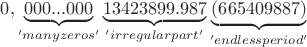 $0,\underbrace{000...000}_{'many 
  zeros'}\underbrace{13423899.987}_{'irregular     part'}\underbrace{(665409887)}_{'endless 
     period'}$