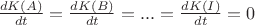 $ \frac {dK(A)} {dt} = \frac {dK(B)} {dt} = ... =\frac {dK(I)} {dt} =0$ $ \frac {dK(A)} {dt} = \frac {dK(B)} {dt} = ... =\frac {dK(I)} {dt} =0$