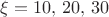 $\xi=10,\,20,\,30$