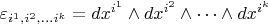 $\varepsilon_{i^1, i^2, \dots i^k} = dx^{i^1} \wedge dx^{i^2} \wedge \dots \wedge dx^{i^k}$