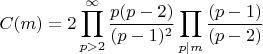 $$C(m)=2\prod_{p>2}^{\infty}\frac{p(p - 2)}{(p - 1)^2}\prod_{p|m}\frac{(p - 1)}{(p - 2)}$$