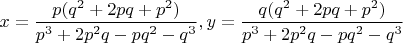 $x = \dfrac{p(q^2+2pq+p^2)}{p^3+2p^2q-pq^2-q^3}, y = \dfrac{q(q^2+2pq+p^2)}{p^3+2p^2q-pq^2-q^3}$