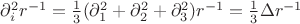 $\partial_i^2r^{-1}=\frac 1 3(\partial_1^2+\partial_2^2+\partial_3^2)r^{-1}=\frac 1 3\Delta r^{-1}$