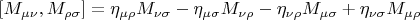 $[M_{\mu\nu}, M_{\rho\sigma}] = \eta_{\mu\rho} M_{\nu\sigma} - \eta_{\mu\sigma} M_{\nu\rho} - \eta_{\nu\rho} M_{\mu\sigma} + \eta_{\nu\sigma} M_{\mu\rho}\,$