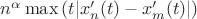 $n^{\alpha} \max \left( t |x'_n(t)-x'_m(t)|\right)$ $n^{\alpha} \max \left( t |x'_n(t)-x'_m(t)|\right)$