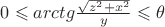 $ 0 \leqslant arctg \frac {\sqrt {z^2+x^2}}{y} \leqslant \theta$