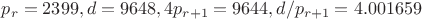 $p_r=2399, d=9648, 4p_{r+1}=9644, d/p_{r+1}=4.001659$
