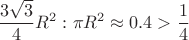 $\dfrac{3\sqrt{3}}{4}R^2 \,\colon\pi R^2 \approx 0.4 > \dfrac{1}{4}$