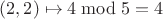 $(2,2)\mapsto 4\bmod 5=4$
