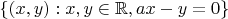 $\left\lbrace(x, y) : x, y \in \mathbb{R}, ax -
 y = 0 \right\rbrace$
