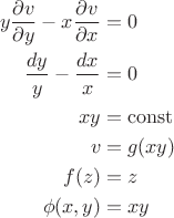 $$\begin{align}
y\frac{\partial v}{\partial y}-x\frac{\partial v}{\partial x}&=0\\
\frac{dy}{y}-\frac{dx}{x}&=0\\
xy&=\operatorname{const}\\
v&=g(xy)\\
f(z)&=z\\
\phi(x,y)&=xy
\end{align}$$