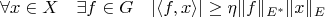 $$\forall x \in X \quad \exists f \in G \quad |\langle f, x \rangle | \geq \eta \|f\|_{E^\ast}\|x\|_E$$