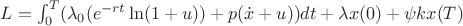 $L = \int_0^T (\lambda_0(e^{-rt} \ln (1+u)) + p(\dot{x}+u))dt + \lambda x(0) + \psi kx(T)$ $L = \int_0^T (\lambda_0(e^{-rt} \ln (1+u)) + p(\dot{x}+u))dt + \lambda x(0) + \psi kx(T)$