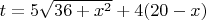 $t=5 \sqrt{36+x^2} + 4(20-x)$