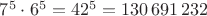 $7^5\cdot 6^5 = 42^5=130\,691\,232$