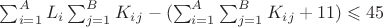 $\sum_{i=1}^{A} L_i \sum_{j=1}^{B} K_i_j - (\sum_{i=1}^{A} \sum_{j=1}^{B} K_i_j +11) \leqslant 45$