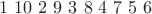 $1\ 10\ 2\ 9\ 3\ 8\ 4\ 7\ 5\ 6$