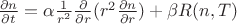 $\frac{\partial n}{\partial t}=\alpha\frac{1}{r^{2}}\frac{\partial }{\partial r} (r^{2}\frac{\partial n}{\partial r})+\beta R(n,T)$