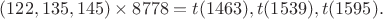 $(122,135,145)\times8778=t(1463),t(1539),t(1595).$