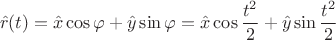 $$\hat{r}(t)=\hat{x}\cos{\varphi}+\hat{y}\sin{\varphi} = \hat{x}\cos{\frac{t^2}{2}}+\hat{y}\sin{\frac{t^2}{2}}$$