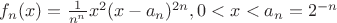 $f_n(x)=\frac{1}{n^n}x^{2}(x-a_n)^{2n}, 0<x<a_n=2^{-n}$