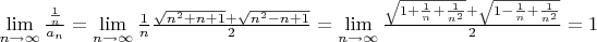 $\lim\limits_{n\rightarrow\infty}\frac{\frac{1}{n}}{a_n}=\lim\limits_{n\rightarrow\infty}\frac{1}{n}\frac{\sqrt{n^2+n+1}+\sqrt{n^2-n+1}}{2}=\lim\limits_{n\rightarrow\infty}\frac{\sqrt{1+\frac{1}{n}+\frac{1}{n^2}}+\sqrt{1-\frac{1}{n}+\frac{1}{n^2}}}{2}=1$