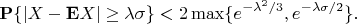 $$\mathbf P\{|X-\mathbf EX|\ge\lambda\sigma\}<2\max\{e^{-\lambda^2/3},e^{-\lambda\sigma/2}\}.$$