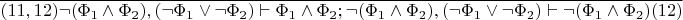 $\overline{(11,12)\neg(\Phi_1\wedge\Phi_2),(\neg\Phi_1\vee\neg\Phi_2)\vdash\Phi_1\wedge\Phi_2;\neg(\Phi_1\wedge\Phi_2),(\neg\Phi_1\vee\neg\Phi_2)\vdash\neg(\Phi_1\wedge\Phi_2)(12)}$