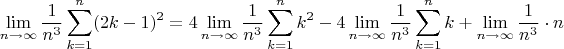$$\lim_{n\to\infty}\frac1{n^3}\sum_{k=1}^n(2k-1)^2=4\lim_{n\to\infty}\frac1{n^3}\sum_{k=1}^nk^2-4\lim_{n\to\infty}\frac1{n^3}\sum_{k=1}^nk+\lim_{n\to\infty}\frac1{n^3}\cdot n$$