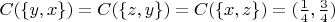 $C(\{y,x\})=C(\{z,y\})=C(\{x,z\})=(\frac14,\frac34)$