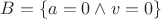 $B = \{a = 0 \wedge v = 0\}$