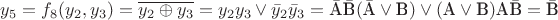$y_5=f_8(y_2,y_3)=\overline{y_2\oplus y_3}=y_2y_3\vee\bar{y}_2\bar{y}_3=\bar{\textrm A}\bar{\textrm B}(\bar{\textrm A}\vee\textrm B)\vee(\textrm A\vee\textrm B)\textrm A\bar{\textrm B}=\bar{\textrm B}$